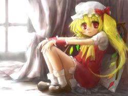 Rule 34 | 1girl, blonde hair, bow, dress, female focus, flandre scarlet, hat, red eyes, ribbon, sad, side ponytail, solo, embodiment of scarlet devil, touhou, wings, wrist cuffs, yuumisaitou
