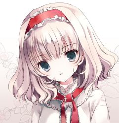 Rule 34 | 1girl, alice margatroid, bad id, bad twitter id, blonde hair, blue eyes, capelet, cierra (ra-bit), floral background, flower, hairband, lolita hairband, looking at viewer, necktie, parted lips, portrait, ribbon, rose, short hair, simple background, solo, touhou