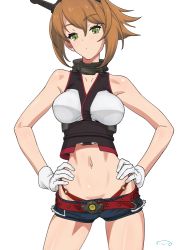 Rule 34 | 10s, 1girl, breasts, brown hair, closed mouth, collarbone, cowboy shot, gloves, green eyes, hair between eyes, hands on own hips, headgear, kantai collection, large breasts, looking at viewer, midriff, mutsu (kancolle), navel, panties, red panties, short hair, short shorts, shorts, sidelocks, simple background, sleeveless, solo, suna (sandworks), thighs, underwear, white background, white gloves