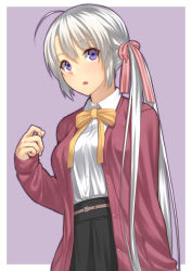 Rule 34 | 1girl, ahoge, ayachi nene, belt, blush, buttons, cardigan, casual, framed, hair ribbon, highres, long hair, long sleeves, looking at viewer, mikazuchi zeus, neck ribbon, open mouth, outside border, purple background, purple eyes, ribbon, sanoba witch, shirt, side ponytail, simple background, skirt, solo, standing, very long hair, white hair, white shirt