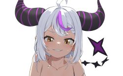Rule 34 | 1girl, ahoge, braid, breasts, highres, hololive, horns, la+ darknesss, long hair, looking at viewer, ludo0109, multicolored hair, pointy ears, purple hair, sidelocks, single braid, small breasts, smile, solo, streaked hair, tail, virtual youtuber, white background, white hair, yellow eyes