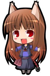 Rule 34 | :3, animal ears, blush stickers, boots, brown hair, chibi, fang, holo, long hair, lowres, outstretched arms, pac-man eyes, red eyes, skirt, smile, solo, spice and wolf, spread arms, suntail, wolf ears