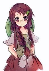 Rule 34 | 1girl, alternate hairstyle, bow, braid, brown eyes, brown hair, futatsuiwa mamizou, futatsuiwa mamizou (human), glasses, hair bow, hair ornament, hands in pockets, leaf, leaf on head, long hair, looking at viewer, object on head, sen1986, shirt, short sleeves, side braid, simple background, single braid, skirt, smile, solo, touhou, vest, white background