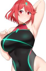 Rule 34 | 1girl, arind yudha, arm behind head, arm up, breasts, covered navel, earrings, highleg, highleg swimsuit, highres, jewelry, large breasts, one-piece swimsuit, pyra (pro swimmer) (xenoblade), pyra (xenoblade), red eyes, red hair, short hair, solo, swimsuit, tiara, upper body, xenoblade chronicles (series), xenoblade chronicles 2