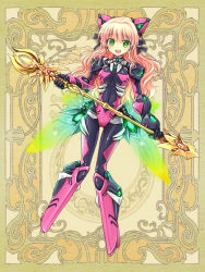 Rule 34 | 1girl, animal ears, armor, armored boots, black ribbon, bodysuit, boots, covered navel, energy wings, fake animal ears, full body, gauntlets, gloves, greaves, green eyes, hair ornament, hair ribbon, headset, long hair, looking at viewer, low wings, mecha musume, open mouth, orange hair, pigeon-toed, pink armor, psychic hearts, ribbon, shinohara kobato, shiny clothes, shoulder pads, skin tight, smile, solo, tokimaru yoshihisa, wand, wavy hair, wings