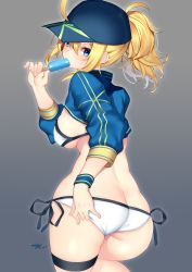 Rule 34 | 1girl, absurdres, ahoge, artoria pendragon (fate), ass, back, baseball cap, bikini, blonde hair, blue eyes, blue hat, blush, breasts, butt crack, commentary request, eating, fate/grand order, fate (series), food, grey background, hair between eyes, hat, highres, hip focus, large breasts, long hair, looking at viewer, looking back, messy hair, mysterious heroine x (fate), mysterious heroine xx (fate), nebusoku, ponytail, popsicle, shrug (clothing), side-tie bikini bottom, signature, solo, swimsuit, thigh strap, thighs, white bikini, wristband