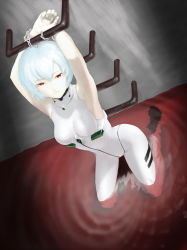 Rule 34 | 1girl, armpits, arms up, ayanami rei, bad id, bad pixiv id, bare shoulders, bdsm, blue hair, bondage, bound, chain, ffff (oooixiooo), highres, lcl, neon genesis evangelion, pale skin, plugsuit, red eyes, short hair, solo