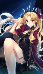 Rule 34 | &gt;:), 1girl, arm support, bare legs, black dress, black thighhighs, blonde hair, blush, bow, breasts, candy, cape, chocolate, chocolate heart, dress, earrings, ereshkigal (fate), falling star, fate/grand order, fate (series), food, gold trim, hair bow, hair ribbon, heart, highres, jewelry, knee up, long hair, looking at viewer, night, night sky, outdoors, pantsu (lootttyyyy), parted bangs, purple bow, red cape, red eyes, red ribbon, ribbon, shooting star, short dress, single thighhigh, sitting, skull, sky, small breasts, solo, star (sky), starry sky, strapless, strapless dress, thighhighs, tiara, tohsaka rin, twintails, v-shaped eyebrows, very long hair