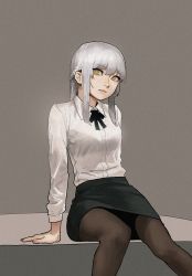 Rule 34 | 1girl, absurdres, arm support, black ribbon, black skirt, braid, bright pupils, brown pantyhose, closed mouth, collared shirt, french braid, gogalking, green eyes, grey hair, head tilt, highres, leaning back, long hair, long sleeves, looking at viewer, miniskirt, neck ribbon, original, pantyhose, pencil skirt, ribbon, shirt, sitting, skirt, solo, white pupils, white shirt, wing collar