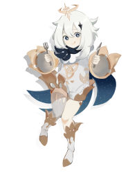 Rule 34 | 1girl, absurdres, blue eyes, butter knife, cape, carltoonist art, dress, floating, fork, genshin impact, hair between eyes, halo, highres, looking at viewer, paimon (genshin impact), scarf, short hair, tongue, tongue out, white background, white dress, white hair
