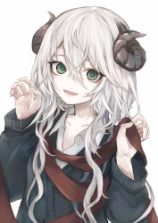 Rule 34 | 1girl, black cardigan, brown ribbon, cardigan, collarbone, collared shirt, commentary request, curled horns, dress shirt, eyebrows hidden by hair, green eyes, hair between eyes, hands up, hasunokaeru, highres, horns, long hair, long sleeves, original, ribbon, shirt, simple background, sleeves past wrists, solo, upper body, very long hair, white background, white hair, white shirt