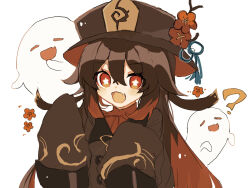 Rule 34 | 1girl, :d, ?, blush, boo tao (genshin impact), bright pupils, brown coat, brown hair, brown hat, coat, fang, flower, flower-shaped pupils, genshin impact, ghost, hair between eyes, hat, hat flower, hat tassel, highres, hu tao (genshin impact), jaggy lines, konpi (pixiv 75345032), long hair, looking at viewer, open mouth, orange eyes, simple background, skin fang, sleeves past fingers, sleeves past wrists, smile, solo, symbol-shaped pupils, twintails, upper body, white background, white pupils