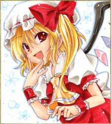 Rule 34 | 1girl, ascot, blonde hair, border, dutch angle, fang, female focus, flandre scarlet, hand on another&#039;s chin, hand on own chin, hat, hat ribbon, imoko., looking at viewer, marker (medium), millipen (medium), nib pen (medium), open mouth, outline, red eyes, ribbon, shikishi, short hair, short sleeves, side ponytail, simple background, skirt, solo, touhou, traditional media, vest, white background, wings, wrist cuffs