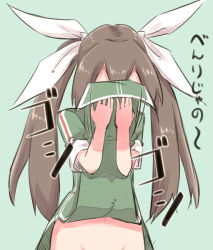 Rule 34 | 10s, 1girl, bad id, bad pixiv id, brown hair, clothes lift, covering face, covering own mouth, covering privates, cowboy shot, dress, dress lift, green background, green dress, grey hair, groin, hair ribbon, hands up, kantai collection, lifted by self, long hair, navel, no panties, no pants, out-of-frame censoring, pelvic curtain, ribbon, short sleeves, side slit, simple background, single vertical stripe, sketch, solo, sound effects, tone (kancolle), tone kai ni (kancolle), translation request, twintails, u-non (annon&#039;an), very long hair, white ribbon, wiping face