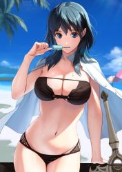 Rule 34 | 1girl, beach, bikini, black bikini, breasts, byleth (female) (fire emblem), byleth (fire emblem), cleavage, eating, fire emblem, fire emblem: three houses, food, highres, holding, large breasts, long hair, looking at viewer, mueririko, navel, nintendo, open clothes, open shirt, palm tree, popsicle, popsicle stick, shirt, sky, solo, swimsuit, tree, white shirt