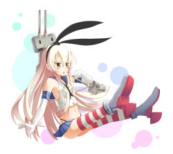 Rule 34 | 10s, 1girl, black panties, elbow gloves, gloves, hairband, kantai collection, keizoo, long hair, microskirt, navel, panties, personification, rensouhou-chan, shimakaze (kancolle), skirt, solo, striped clothes, striped thighhighs, thighhighs, underwear, white hair, yellow eyes, | |, || ||