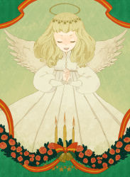 Rule 34 | 1girl, angel, bad id, bad pixiv id, bell, blonde hair, candle, christmas, dress, closed eyes, female focus, flower, halo, own hands clasped, interlocked fingers, l hakase, long hair, long sleeves, open mouth, orange flower, orange rose, own hands together, plant, rose, solo, star (symbol), wings