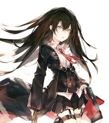 Rule 34 | 1girl, black hair, coat, collared shirt, commentary, corset, dual wielding, girls&#039; frontline, gun, hair between eyes, handgun, highres, holding, holding gun, holding weapon, holster, kashii (amoranorem), long hair, looking at viewer, necktie, nz75 (girls&#039; frontline), cz 75, open mouth, pistol, pleated skirt, red necktie, shirt, simple background, skirt, solo, thigh holster, thigh strap, trench coat, weapon, white background, wind, yellow eyes