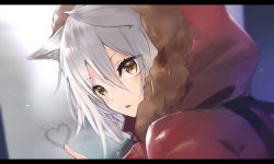 Rule 34 | 1girl, animal ears, arknights, blonde hair, coat, commentary request, from side, fur-trimmed hood, fur trim, fur trimm, glass writing, hair between eyes, heart, highres, hood, hood up, kyomu (kyomu lwl), letterboxed, long hair, looking at viewer, looking to the side, parted lips, projekt red (arknights), red coat, silver hair, smile, solo, translation request, upper body