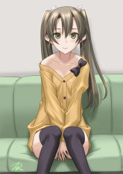 Rule 34 | 1girl, alternate costume, black neckwear, black thighhighs, commentary request, dress, feet out of frame, green eyes, grey hair, highres, kantai collection, long hair, looking at viewer, off-shoulder dress, off shoulder, ribbon, sitting, solo, sweater, t2r, thighhighs, twintails, v arms, white ribbon, zuikaku (kancolle)