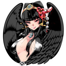 Rule 34 | 1girl, black eyes, black hair, black wings, breasts, center opening, cleavage, dead or alive, dead or alive 5, eyelashes, feathered wings, hair tubes, hairband, highres, hime cut, jewelry, kafun, large breasts, lips, looking at viewer, mask, mask on head, mole, mole under mouth, no bra, nyotengu, pendant, smile, solo, tengu, tengu mask, upper body, wings