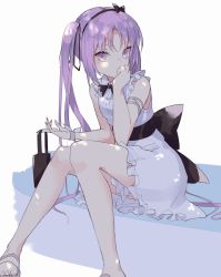 Rule 34 | 1girl, arm support, armlet, bag, bare legs, bare shoulders, black bow, blush, bow, bowtie, breasts, covered mouth, dress, euryale (fate), fate/grand order, fate (series), fingernails, frilled dress, frills, hair bow, hair ribbon, hairband, hand on own face, handbag, highres, holding, holding bag, knees together feet apart, large bow, lolita hairband, long fingernails, long hair, looking at viewer, nail polish, ponytail, purple eyes, purple hair, red nails, ribbon, sandals, side ponytail, simple background, sitting, sleeveless, sleeveless dress, solo, standing, stardust-kun, sunlight, very long hair, white background, white dress