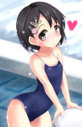 Rule 34 | 10s, 1girl, :3, black hair, blush, brown eyes, rabbit hair ornament, competition school swimsuit, hair ornament, hairclip, heart, heart-shaped pupils, highres, idolmaster, idolmaster cinderella girls, looking at viewer, natsu (anta tte hitoha), one-piece swimsuit, sasaki chie, school swimsuit, short hair, smile, solo, swimsuit, symbol-shaped pupils, wet