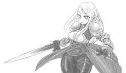 Rule 34 | 1girl, agrias oaks, bad id, bad pixiv id, breasts, final fantasy, final fantasy tactics, greyscale, monochrome, simple background, solo, sword, tagane, weapon