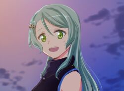 Rule 34 | 1girl, aqua hair, bang dream!, black sweater, commentary, english commentary, green eyes, hair ornament, hairclip, highres, hikawa sayo, jewelry, long hair, looking at viewer, necklace, open mouth, sleeveless, sleeveless sweater, smile, sweater, xin (blueramen)