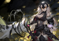 Rule 34 | armor, armored boots, blonde hair, boots, couter, fate/grand order, fate (series), flower, fur, gauntlets, groin, jeanne d&#039;arc (fate), jeanne d&#039;arc (ruler) (fate), jeanne d&#039;arc alter (avenger) (fate), jeanne d&#039;arc alter (fate), pale skin, qmo (chalsoma), rose, smile, solo, standard bearer, thighhighs, yellow eyes