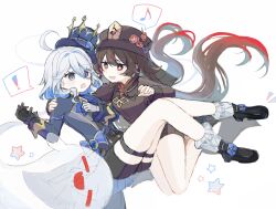 Rule 34 | !, 2girls, black footwear, black gloves, black shorts, blue eyes, blue hair, blue jacket, boo tao (genshin impact), brown coat, coat, commentary request, cowl, flower, flower-shaped pupils, full body, furina (genshin impact), genshin impact, gloves, grey hair, hand up, hat, hat flower, heterochromia, highres, hu tao (genshin impact), jacket, legs, loafers, long hair, long sleeves, looking at viewer, mint chocoooo, multiple girls, musical note, open mouth, porkpie hat, red eyes, shoes, shorts, simple background, sketch, spoken exclamation mark, spoken musical note, star (symbol), symbol-shaped pupils, thigh strap, thighs, top hat, white background, white gloves