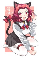 Rule 34 | 1girl, animal ears, bell, black choker, black skirt, black vest, blue nails, bow, brooch, cat ears, cat tail, choker, claw pose, commentary, dress shirt, fang, girls und panzer, halloween, halloween costume, highres, jewelry, jingle bell, kemonomimi mode, kneeling, long sleeves, looking at viewer, medium hair, miniskirt, nail polish, neck bell, neck ribbon, open mouth, orange eyes, outside border, pantyhose, pleated skirt, red background, red hair, red ribbon, redrawn, ribbon, rosehip (girls und panzer), shirt, skin fang, skirt, smile, solo, symbol-only commentary, tail, tail bell, tail bow, tail ornament, thigh strap, v-shaped eyebrows, vest, white pantyhose, white shirt, wing collar, zono (inokura syuzo029)