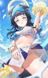 Rule 34 | 1girl, absurdres, animal ears, armpits, bare shoulders, black hair, blue archive, blue eyes, blush, breasts, cheerleader, crop top, dog ears, dog girl, dog tail, eyewear on head, goggles, goggles on head, halo, hibiki (blue archive), hibiki (cheer squad) (blue archive), highres, long hair, looking at viewer, millennium cheerleader outfit (blue archive), navel, panties, pom pom (cheerleading), samart, skirt, solo, tail, thighs, underwear