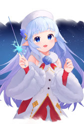 Rule 34 | 1girl, :d, absurdres, bare shoulders, blue eyes, blue flower, blue hair, blue rose, commentary request, crystal, dress, flower, fur-trimmed sleeves, fur collar, fur hat, fur trim, gradient hair, granblue fantasy, hands up, hat, highres, holding, holding wand, lily (granblue fantasy), long hair, long sleeves, looking at viewer, multicolored hair, open mouth, pointy ears, purple hair, red sleeves, rose, sleeveless, sleeveless dress, sleeves past wrists, smile, solo, u-st (uweiter), very long hair, wand, white dress, white hat, white sleeves, wide sleeves