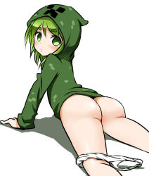 Rule 34 | 1girl, arm support, ass, blush, creeparka, creeper, from behind, green eyes, green hair, hood, hoodie, looking at viewer, looking back, lying, matching hair/eyes, md5 mismatch, minecraft, on stomach, panties, panties around leg, pout, short hair, simple background, solo, underwear, white background, white panties, zaxwu