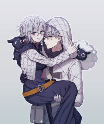 Rule 34 | 1boy, 1girl, absurdres, blue eyes, carrying, carrying person, dress, fate/grand order, fate/grand order arcade, fate (series), glasses, grey background, grey hair, grin, highres, hood, hooded coat, jacques de molay (foreigner) (fate), jacques de molay (saber) (fate), lelejiang, purple dress, sheep, smile