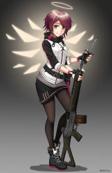 Rule 34 | 1girl, absurdres, arknights, assault rifle, bayonet, black footwear, black gloves, black pantyhose, black skirt, boots, breasts, brown hair, closed mouth, commentary request, exusiai (arknights), eyes visible through hair, fingerless gloves, full body, gloves, glowing, glowing wings, grey background, gun, hair over one eye, halo, highres, holding, holding gun, holding knife, holding weapon, jacket, knife, long sleeves, ndtwofives, pantyhose, red eyes, rifle, shadow, sig sg550, skirt, small breasts, smile, solo, standing, standing on one leg, twitter username, weapon, white jacket, wings