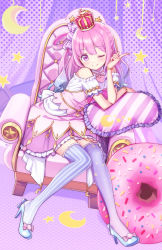 Rule 34 | 1girl, arm rest, asymmetrical legwear, blue footwear, blue hair, candy hair ornament, closed mouth, crescent, crown, deadnooodles, dress, food-themed hair ornament, gradient hair, hair ornament, hair rings, high heels, highres, himemori luna, himemori luna (1st costume), hololive, index finger raised, knees together feet apart, long hair, looking at viewer, mini crown, mismatched legwear, multicolored hair, on chair, one eye closed, one side up, pillow, pink eyes, pink hair, sitting, smile, solo, star (symbol), thighhighs, two-tone hair, virtual youtuber