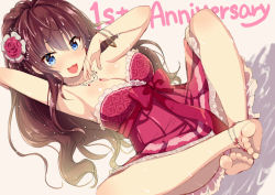Rule 34 | 10s, 1girl, anklet, anniversary, bare shoulders, barefoot, blue eyes, bracelet, breasts, brown hair, cleavage, feet, feet together, flower, hair flower, hair ornament, ichinose shiki, idolmaster, idolmaster cinderella girls, idolmaster cinderella girls starlight stage, jewelry, long hair, looking at viewer, necklace, open mouth, saki chisuzu, smile, solo