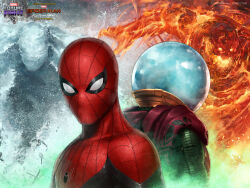 Rule 34 | 2boys, absurdres, character name, company name, copyright name, english text, highres, jee-hyung lee, logo, marvel, marvel cinematic universe, mask, multiple boys, mysterio, spider-man, spider-man: far from home, spider-man (series), upper body, watermark