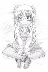 Rule 34 | 1girl, ankle boots, boots, closed mouth, drawstring, girls und panzer, girls und panzer senshadou daisakusen!, glasses, graphite (medium), greyscale, hair ribbon, highres, hood, hood down, hoodie, indian style, long hair, long sleeves, looking at viewer, makicha (sasurainopink), monochrome, oono aya, overall skirt, ribbon, round eyewear, shirt, sitting, sketch, smile, solo, thighhighs, traditional media, twintails, v arms