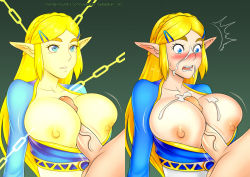 Rule 34 | 1boy, 1girl, 20s, artist name, before and after, blonde hair, blue eyes, blue tunic, blush, braid, breasts, bursting breasts, chain, clothed female nude male, clueless, collarbone, commission, crown braid, cum, cum on body, cum on breasts, cum on upper body, erection, facial, gold trim, gradient background, green background, hair ornament, hairclip, hentai-foundry username, large breasts, long hair, long sleeves, looking at another, magic, motion lines, multicolored background, multicolored clothes, multicolored skirt, nintendo, nipple slip, nipples, nude, oo sebastian oo, paizuri, penis, pointy ears, princess, princess zelda, restarting time, runes, sidelocks, skirt, solo focus, standing, staring, stasis (rune), surprised, the legend of zelda, the legend of zelda: breath of the wild, time manipulation, time stop, tunic, uncensored, veins, veiny penis, watermark, web address, white tunic