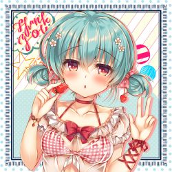 Rule 34 | 1girl, babydoll, blue hair, blush, bow, bra, breasts, chestnut mouth, collarbone, cursive, diagonal stripes, double bun, flower, food, food-themed hair ornament, framed, frills, fruit, hair between eyes, hair bow, hair bun, hair flower, hair ornament, halterneck, hand up, holding, holding food, holding fruit, looking at viewer, original, pink bow, plaid, plaid bra, polka dot, polka dot background, polka dot bow, red bow, red bra, red eyes, red ribbon, ribbon, see-through, short hair, short sleeves, short twintails, silhouette, small breasts, solo, star (symbol), strawberry, strawberry hair ornament, striped, striped background, suzunone rena, thank you, twintails, underwear, upper body, w, white babydoll, white background, white flower, wrist ribbon, wristband