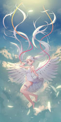 Rule 34 | 1girl, absurdly long hair, alexmaster, arm ribbon, ass, bare shoulders, barefoot, blue sky, blush, breasts, bridal garter, closed mouth, clothes lift, cloud, cloudy sky, collarbone, commentary request, day, dress, dress lift, falling, falling feathers, feathered wings, feathers, floating hair, frilled dress, frills, from side, full body, gloves, green eyes, groin, hand on own head, highres, long hair, looking at viewer, no panties, original, outdoors, red ribbon, ribbon, sky, sleeveless, sleeveless dress, small breasts, solo, spread wings, sunlight, twintails, twintails day, very long hair, white dress, white gloves, white hair, white wings, wings