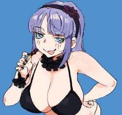 Rule 34 | 1girl, bikini, black bikini, black hairband, black nails, blue background, blue eyes, breasts, cleavage, commission, dagashi kashi, food, hairband, hand on own hip, highres, holding, holding food, large breasts, leaning forward, looking at viewer, medium hair, open mouth, purple hair, seductive smile, shadow, shidare hotaru, simple background, smile, solo, swimsuit, whoopsatro