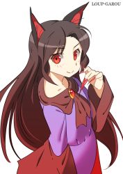 Rule 34 | 1girl, animal ears, brooch, brown hair, dress, fingernails, french text, hand up, imaizumi kagerou, jewelry, kugata1, layered dress, long fingernails, long hair, long sleeves, looking at viewer, red eyes, sharp fingernails, simple background, smile, solo, touhou, white background, wide sleeves, wolf ears