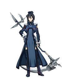 Rule 34 | 1girl, black eyes, black footwear, black gloves, black hair, blue dress, boots, dress, fingerless gloves, full body, gloves, hair between eyes, hand on own hip, hat, holding, holding weapon, log horizon, looking at viewer, mini hat, official art, round table concil uniform, scythe, short dress, short hair with long locks, sidelocks, solo, standing, takayama misa, thigh boots, thighhighs, transparent background, uniform, weapon