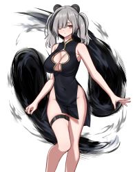 Rule 34 | 1girl, animal ears, arknights, bare arms, bare shoulders, black dress, black hair, breasts, china dress, chinese clothes, cleavage, cleavage cutout, clothing cutout, covered navel, dress, erenav, eyes visible through hair, feater (arknights), forehead, gold trim, grey hair, hair over one eye, highres, knees together feet apart, large breasts, multicolored eyes, multicolored hair, red eyes, short twintails, simple background, sleeveless, solo, standing, symbol-only commentary, thick eyebrows, thigh strap, twintails, two-tone hair, white background