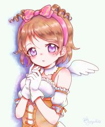 Rule 34 | 10s, 1girl, angel wings, bad id, bad pixiv id, bow, brown hair, collar, corset, dancing stars on me!, detached sleeves, drill hair, gloves, hair bow, hairband, highres, koizumi hanayo, love live!, love live! school idol project, miyuki (0331874), purple eyes, signature, solo, sparkle, upper body, white gloves, wings