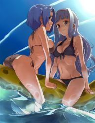 Rule 34 | 10s, 2girls, arched back, ass, back, bikini, blue hair, breasts, cleavage, front-tie top, groin, highres, idolmaster, idolmaster (classic), idolmaster 2, inflatable raft, large breasts, miura azusa, multiple girls, multiple riders, riding, shijou takane, shinjiro, sideboob, silver hair, strap gap, swimsuit, trefoil, water